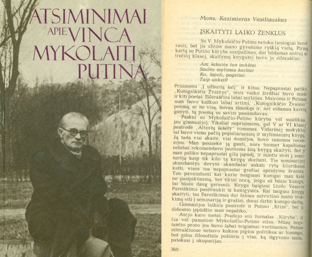 Atsiminimai apie Vincą Mykolaitį-Putiną knygos viršelis