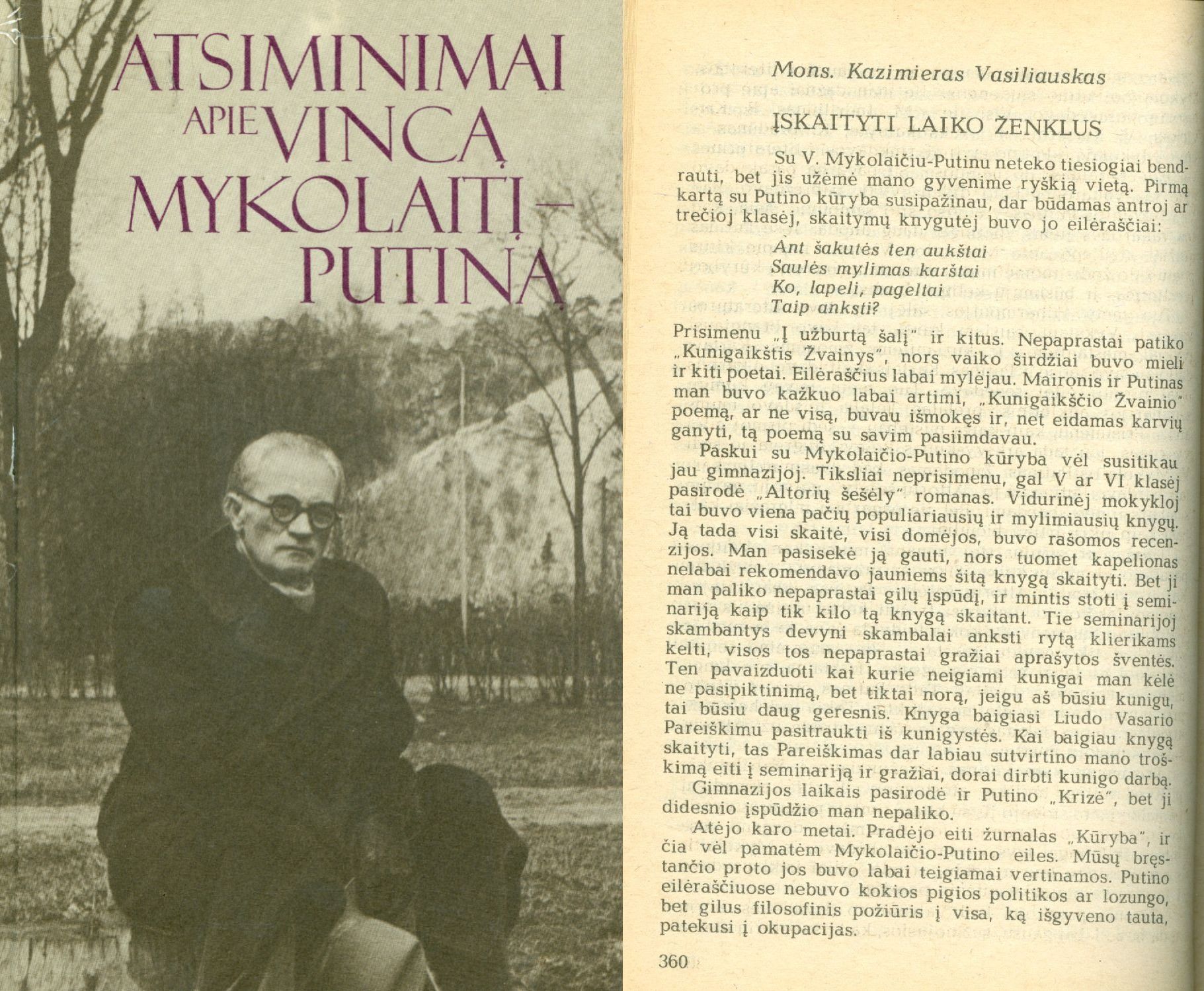 Atsiminimai apie Vincą Mykolaitį-Putiną knygos viršelis